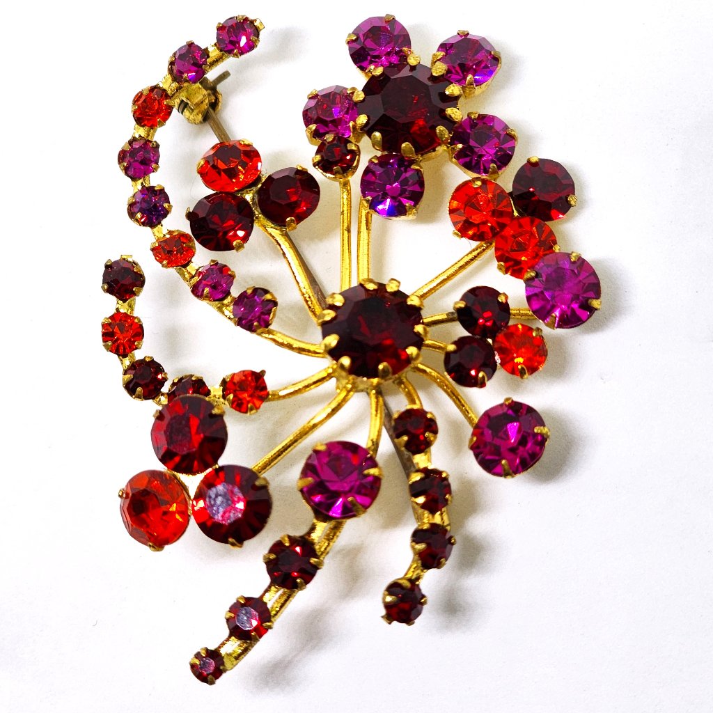 1930-50's Stunning Red, Orange, Pink Austrian Crystal Pin Brooch Made In Austria